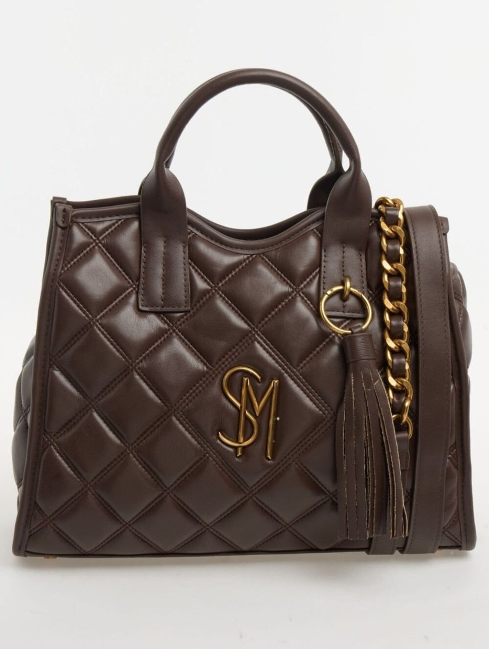 Steve Madden Quilted Dark Brown Satchel with Gold Chain